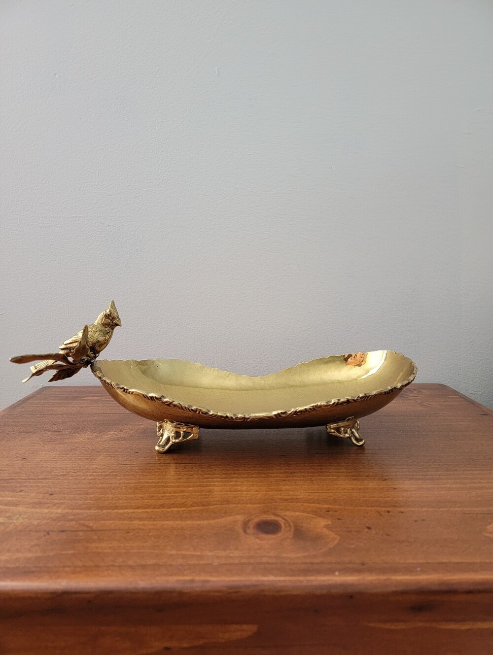 Gold-Tone Metal Catchall Trinket Bowl Tray Bird Perched On Branch Centerpiece - Picture 8 of 16